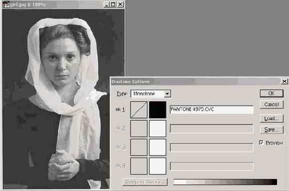 Документ girl jpg и диалоговое окно Ouotone Options